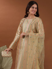 Beige Striped Embroidered Round Neck Thread Work Kurta with Trousers & With Dupatta