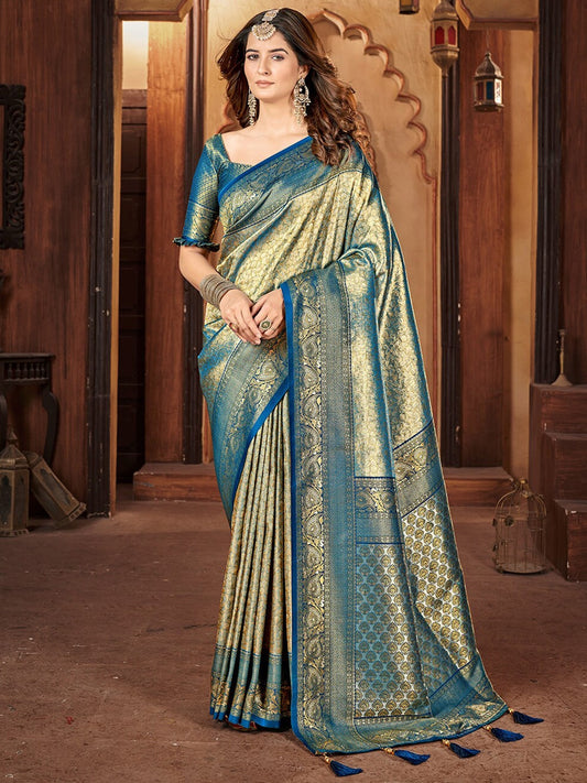 Women Gold Zari Woven Traditional Saree with Ethnic Motive Border