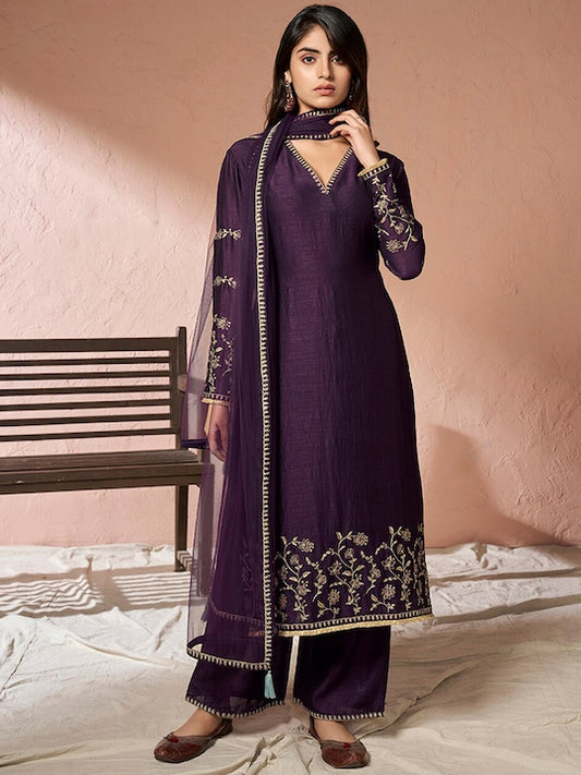 Floral Embroidered Thread Work Straight Kurta With Palazzos & Dupatta