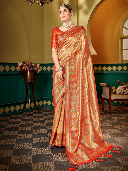 Women Orange Soft Silk Zari Woven Traditional Saree with Swaroski Diamonds