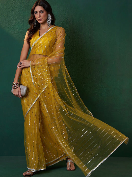 Yellow Embellished Net Sarees