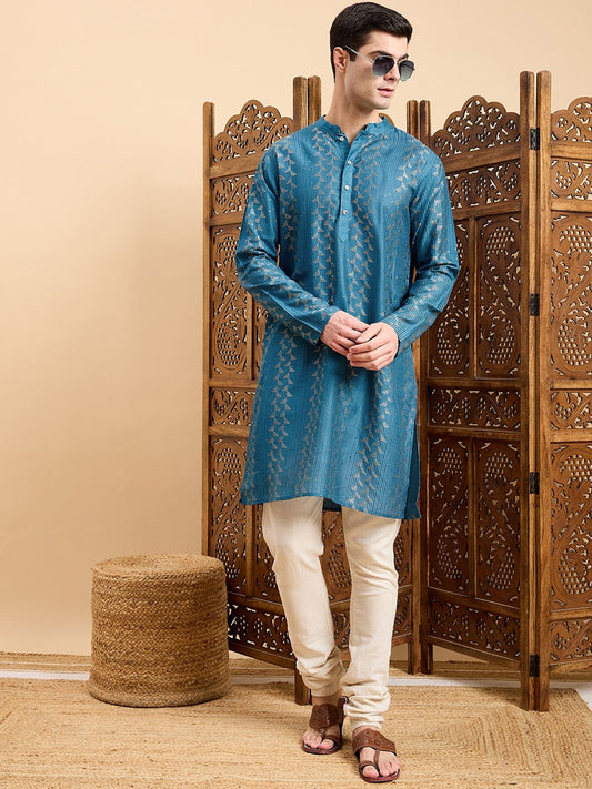 Teal Ethnic Motifs Printed Mandarin Collar A-Line Kurta