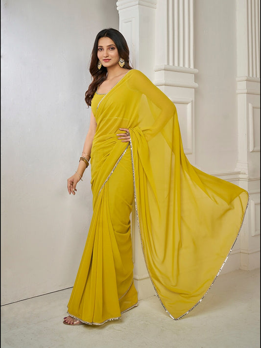 Mustard Embellished Mirror Work Saree