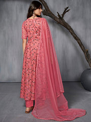 Floral Printed Regular Thread Work Kurta With Trousers & Dupatta