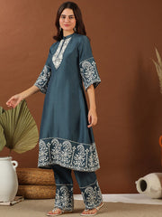 Blue Floral Yoke Design Empire Thread Work Kurta With Palazzo