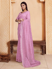 Pink Ethnic motif Embroidered Sequinned Saree