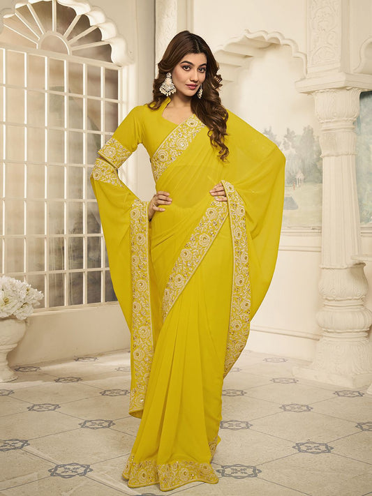 Yellow Embroidered Poly Georgette Saree