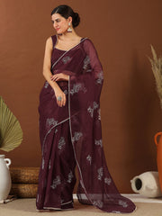 Maroon Floral Embroidered Organza Saree