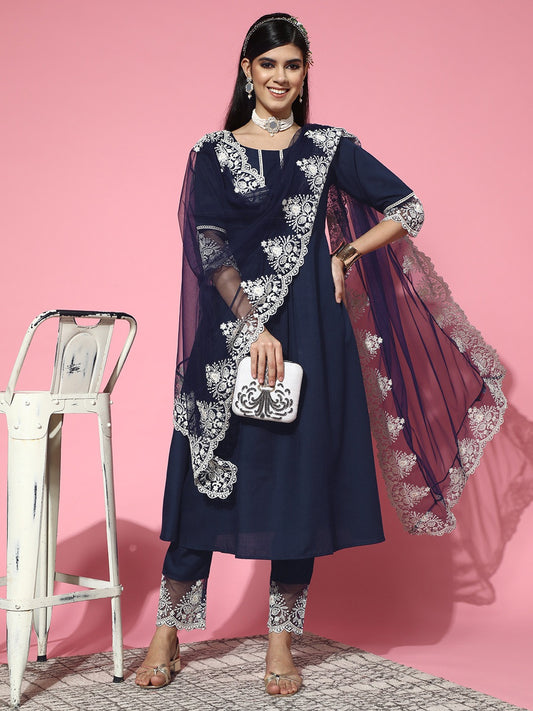 Blue Solid Cotton Blend Scalloped Edge Kurta Set