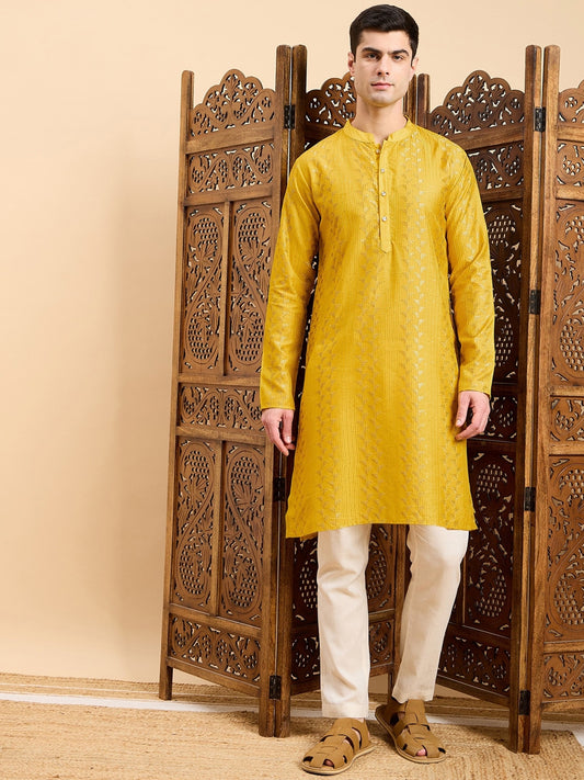 Mustard Striped Embroidered Mandarin Collar Straight Kurta