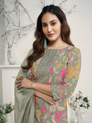 Amyra Dastur Green Floral Printed Thread Work Straight Kurta With Trousers & Dupatta