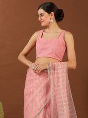 Pink Embellished Mukaish Net Saree