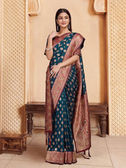 Navy Blue And Red With Gold Ethnic Motif Woven Design Saree With tassels