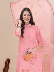 Pink Floral Embroidered Straight Kurta & Trousers With Dupatta