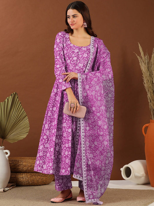 Women Purple Floral Printed Anarkali Kurta Set