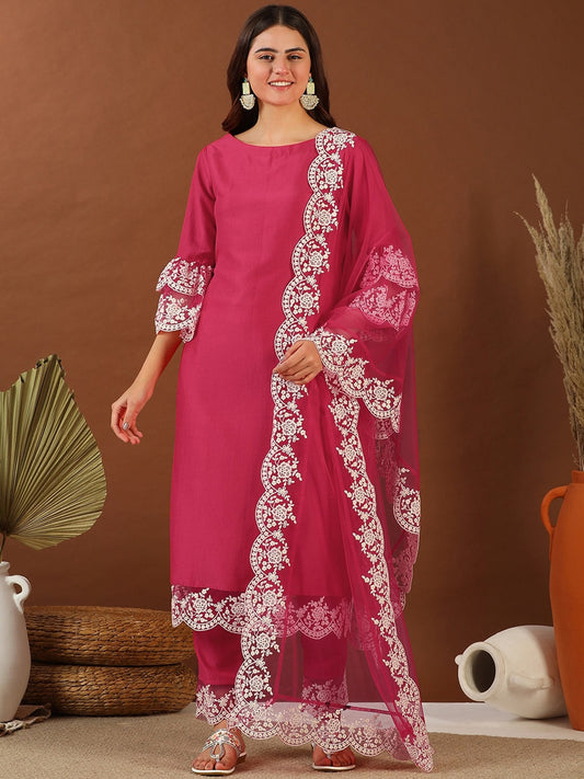 Magenta Thread Work Round Neck Straight Kurta with Trousers & With Dupatta