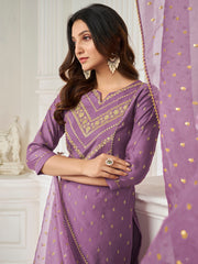 Women Mauve Ethnic Motifs Embroidered Regular Sequinned Chanderi Cotton Kurta with Trousers & With Dupatta