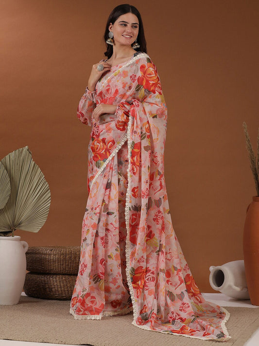 Peach Floral Organza Saree