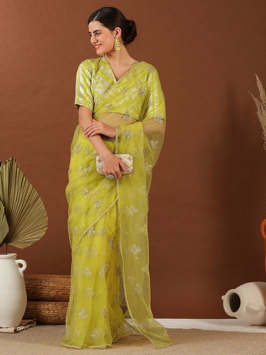 Yellow Floral Embroidered Net Saree