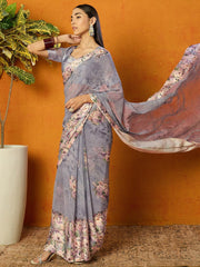 Grey Floral Sequinned Poly Georgette Saree