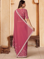 Pink Floral Thread and Sequins Embroidered Saree