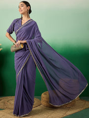 Blue Solid Zari Poly Georgette Saree