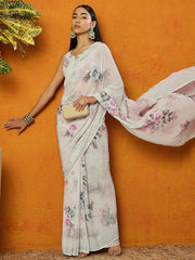 Off White Floral Embellished Poly Georgette Saree