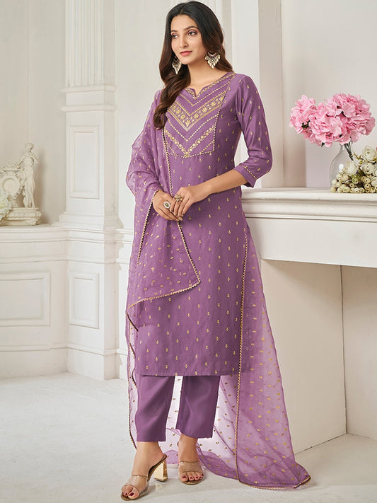 Women Mauve Ethnic Motifs Embroidered Regular Sequinned Chanderi Cotton Kurta with Trousers & With Dupatta