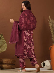 Maroon Floral Printed V-Neck Straight Kurta with Trousers & With Dupatta