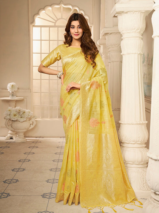 Yellow And Gold-Toned Woven Design Zari Saree