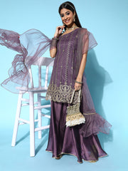 Women Purple Floral Net Ethereal Embroidery Kurta Set