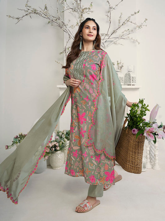 Amyra Dastur Green Floral Printed Thread Work Straight Kurta With Trousers & Dupatta