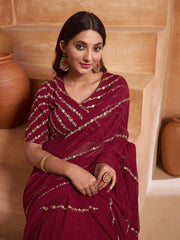 Magenta Floral Embroidered Sequinned Saree