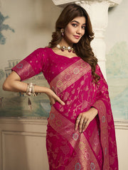 Magenta And Gold-Toned Woven Design Zari Saree