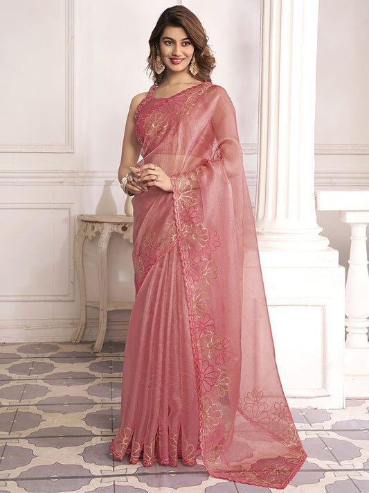 Pink Embellished Sequinned Organza Saree