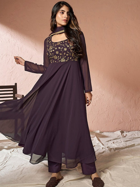 Floral Embroidered Thread Work Anarkali Kurta & Trousers With Dupatta