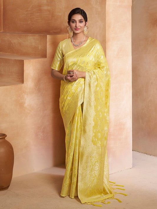 Yellow Ethnic Motif Woven Design Zari Saree