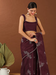 Maroon Floral Embroidered Organza Saree