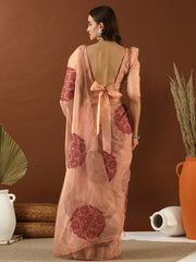 Peach Floral Embroidered Organza Saree