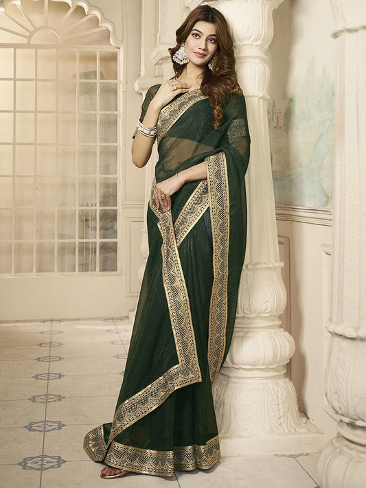 Green And Gold-Toned Sequinned Embroidered Bordered Saree