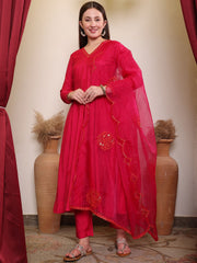 Magenta Yoke Designed Anarkali Kurta With Trouser & Dupatta Set