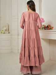 Peach Striped Round Neck Long Sleeves Gotta Patti Kurta with Sharara