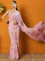 Pink Floral Beads and Stones Poly Georgette Saree