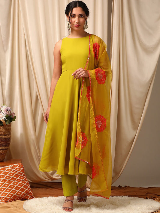 Mustard Color Women Layered Thread Work Kurta with Trousers & With Dupatta