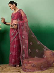 Pink Floral Zari Embroidered Saree With Blouse Piece