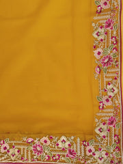 Mustard And Pink Embroidered Net Saree