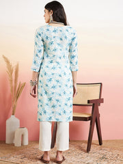 Blue & White Floral Embroidered Straight Kurta With Trouser