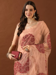 Peach Floral Embroidered Organza Saree