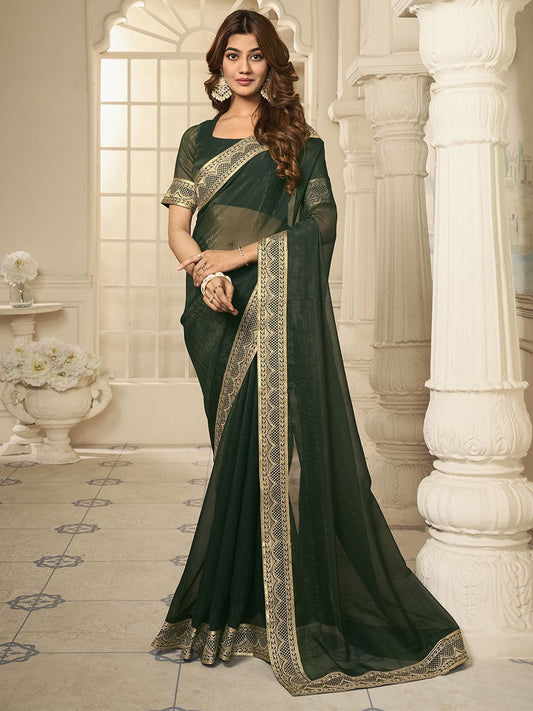 Green And Gold-Toned Sequinned Embroidered Bordered Saree