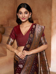 Brown Ethnic Motif Woven Design Zari Pure Silk Saree